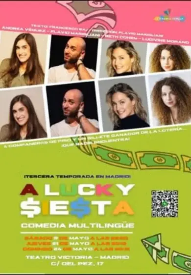 Cartel de Una siesta con suerte. A Lucky Siesta. Teatro Multilingue