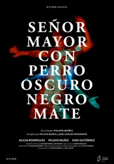 Cartel de Sr. mayor con perro oscuro negro mate