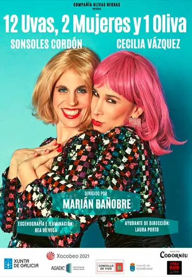 Cartel de 12 uvas, 2 mujeres y 1 oliva