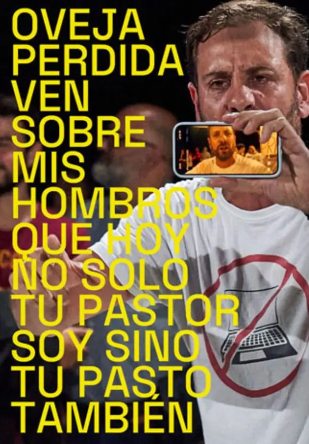 Cartel de Oveja perdida ven sobre mis hombros que hoy no sólo tu pastor soy sino tu pasto también