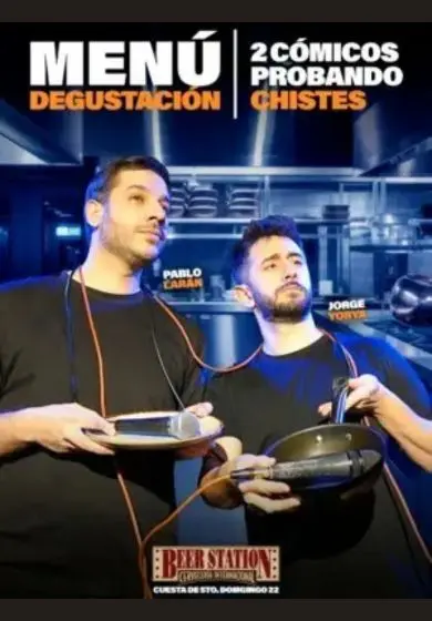 Cartel de Menú Degustación: dos cómicos probando chistes